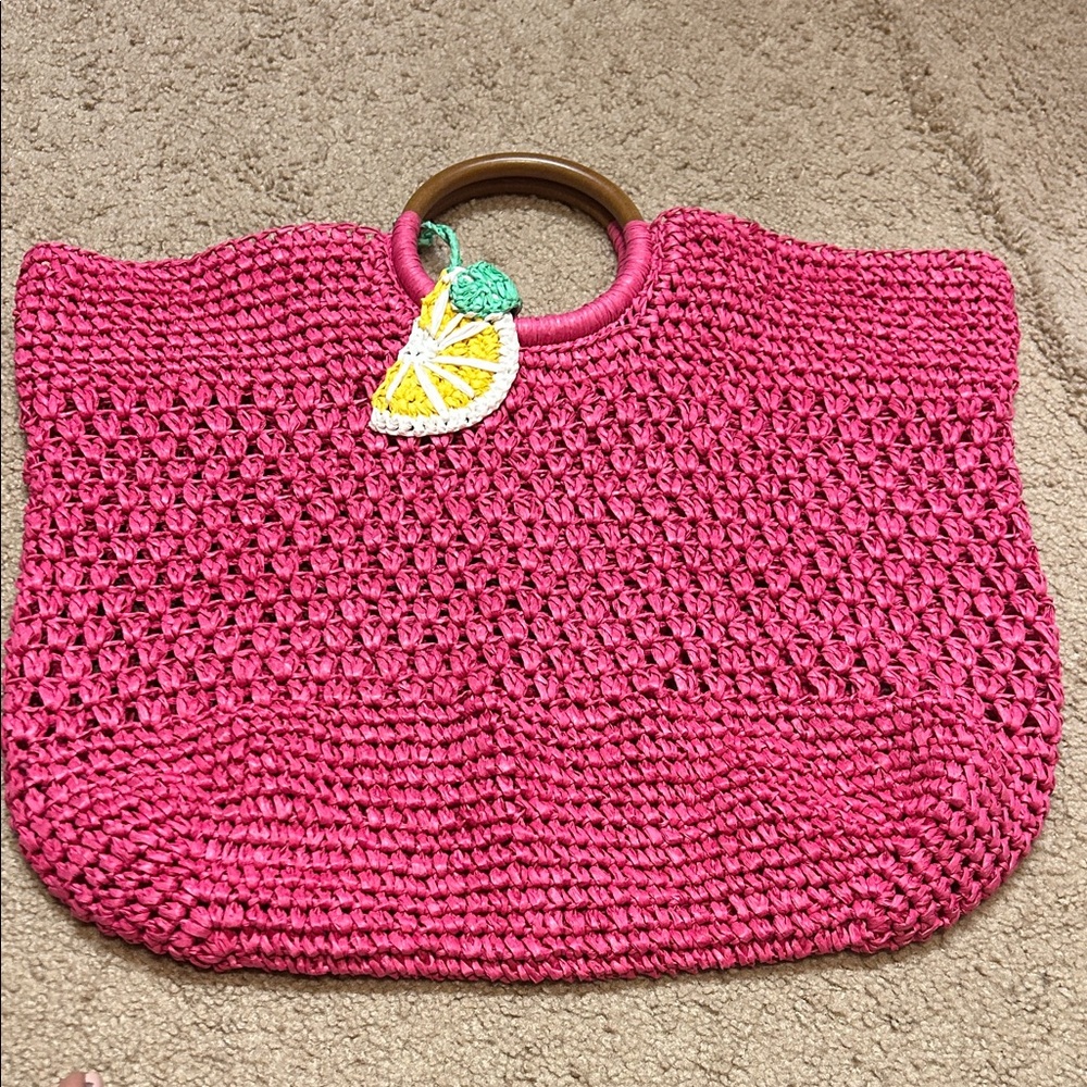 Target Pink Crochet Tote with Wooden Handles